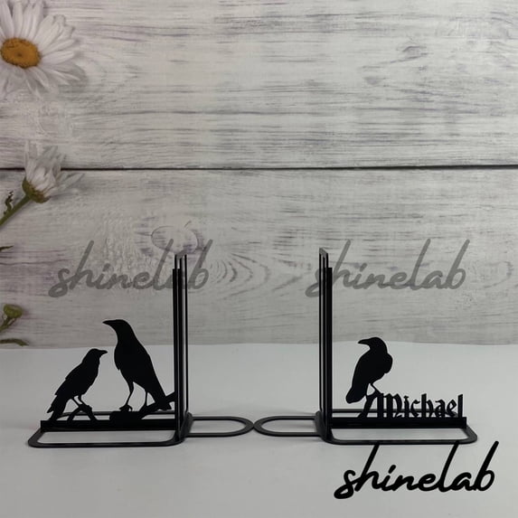 Shinelab Black Crow Mental Bookends Pet Birds Name Bookend Gift, Animal Table Bookshelf Room Decor 5675