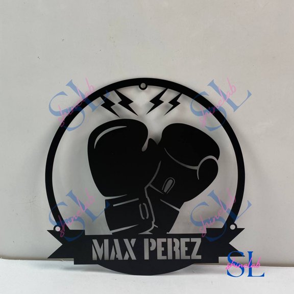 Shinelab Boxing Gloves Metal Wall Art with LED Light, King Boxer Belt Name Sign Home Decor, Kick Boxing Championship Metal Sign, Boxing Sign 2890