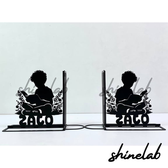 Shinelab Boy Reading Metal Bookends Custom Reader Name Bookend Gift, Personalized Bookshelf Decor 6638