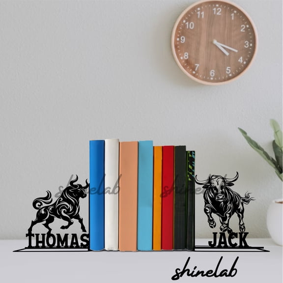 Shinelab Bull Metal Bookends, Farmhouse Bookshelf Decor, Book Lovers Gift 12709