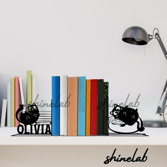 Shinelab Cat Metal Bookends, Cute Bookshelf Decor, Heavy Duty Book Holder 12718