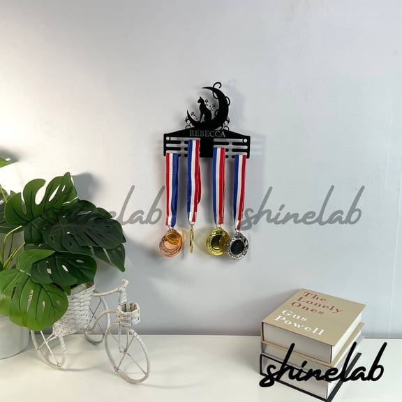 Shinelab Cat On The Moon Custom Medal Hanger, Cat LED Wall Decor Metal Sign, Award Display 7373