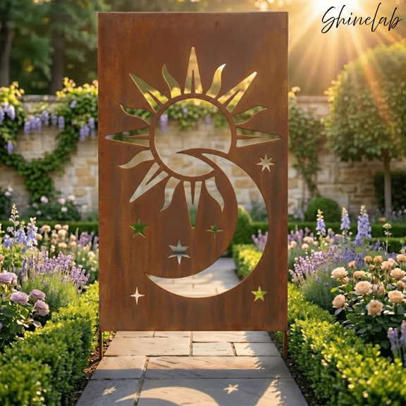 Shinelab Celestial Sun Moon Garden Screen, Boho Garden Art Decor, Housewarming Gift