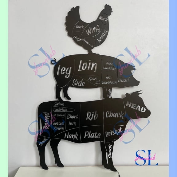 Shinelab Chicken Pig Cow Cuts Metal Sign, Butcher Shop Wall Art, Beef Store Wall Decor, Butcher Sign, Chicken Meat Shop Decorations, Pork Shop Sign 3950