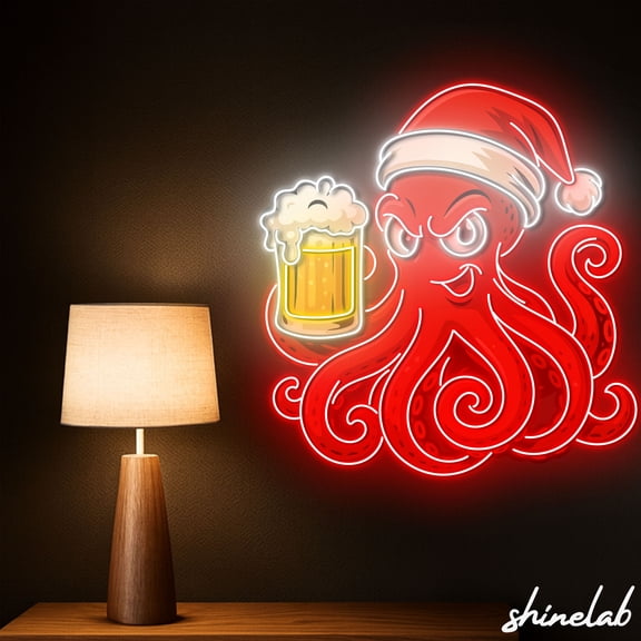 Shinelab Christmas Octopus Beer Neon Sign, Holiday Bar Decor, Funny Man Cave LED Wall Art 15525