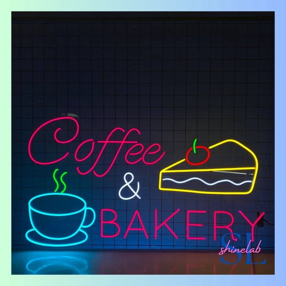 Shinelab Coffee And Bakery Neon Sign, Coffee Cake Wall Art, Cake Bakery Kitchen Wall Decor 0543