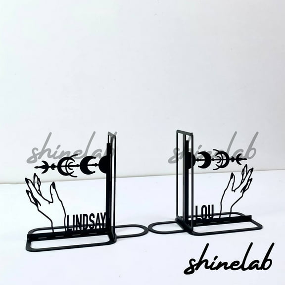 Shinelab Crescent Moon Bookends Custom Moon Lover Name Bookend Gift, Space Desk Bookshelf Decor 6674