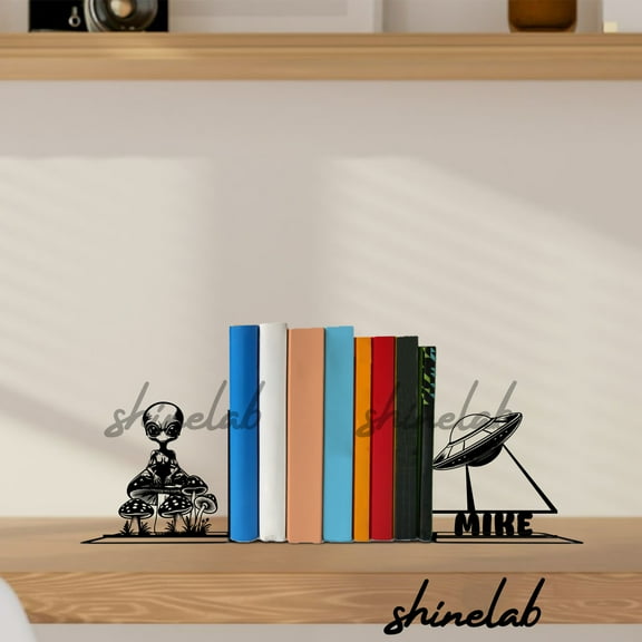 Shinelab Custom Aliens Metal Bookends, Outer Space UFO Decor, Book Lovers Gift 12934