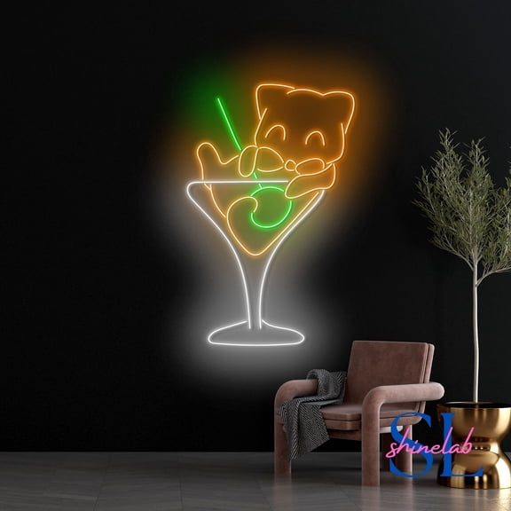 Shinelab Cute Meowtini Neon Sign, Meowtini Cocktail Wall Art, Cat Martini Drink Led Sign, Animal Home Wall Decor 999
