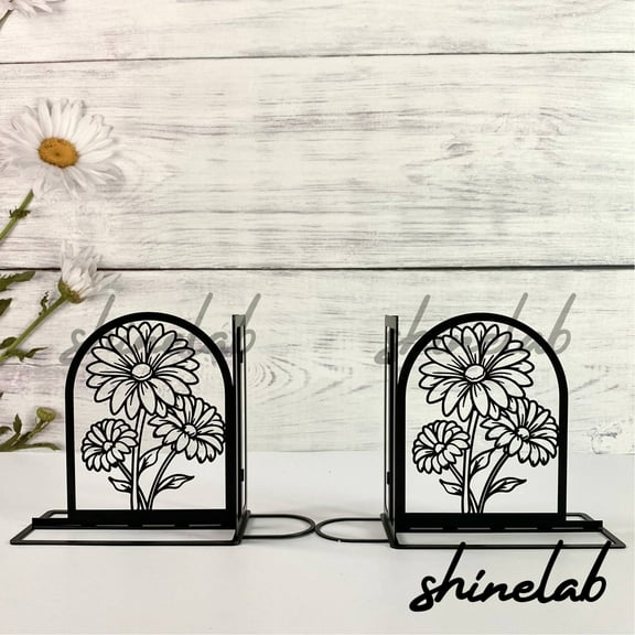 Shinelab Daisy Flower Metal Bookends Decorative Flower Name Bookend Gift, Floral Desk Bookshelf Decor 5081