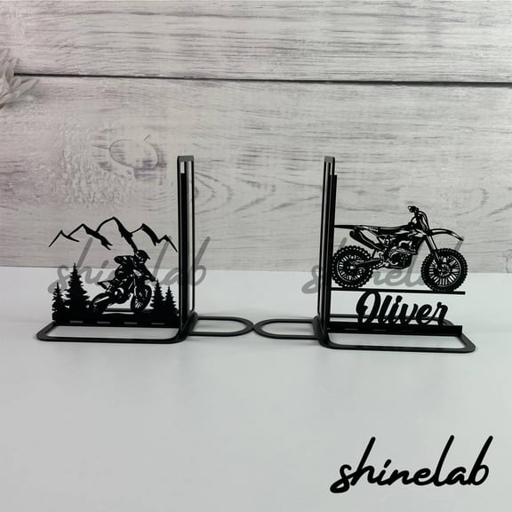 Shinelab Dirt Bike Metal Bookends Custom Biker Name Bookend Gift, Motorbike Sport Desk Bookshelf Decor 6233