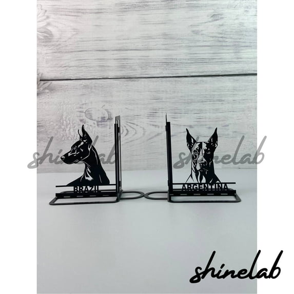 Shinelab Doberman Pinscher Dog Metal Bookends Pet Name Bookend Gift, Animal Desk Bookshelf Decor 5342