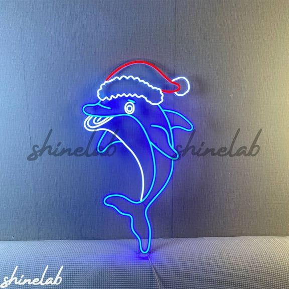 Shinelab Dolphin with Santa Hat LED Neon Sign, Christmas Beach Decor, Christmas Neon Sign