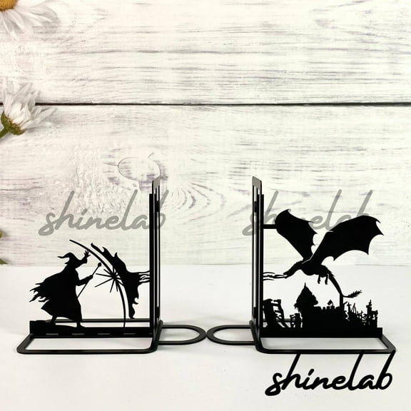 Shinelab Dragon Wizard Metal Bookends Draconic Sorcery Name Bookend Gift, Animal Bookshelf Decor 5747