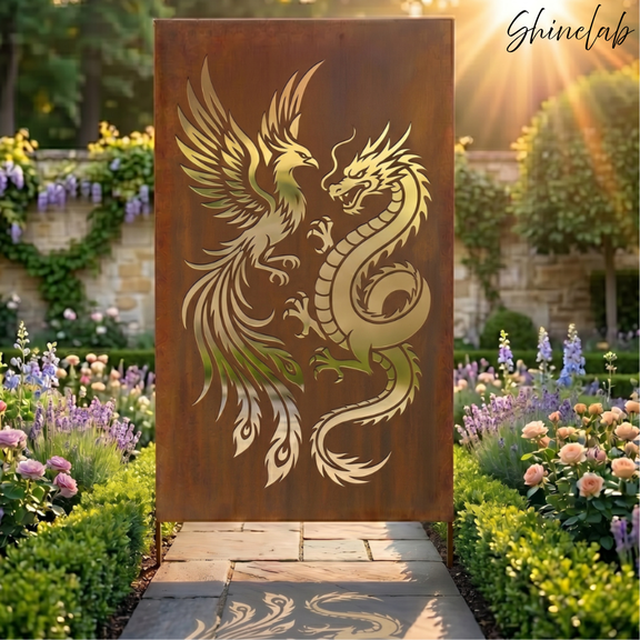 Shinelab Dragon and Phoenix Metal Garden Screen, Mythical Decorative Garden Panel Art, Oudoor Yard Art