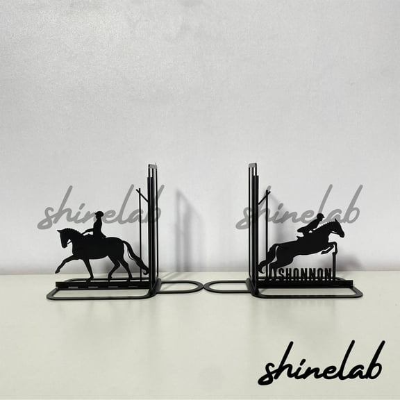 Shinelab Equestrian Desk Metal Bookends Custom Horse Rider Name Bookend Gift, Sport Desk Bookshelf Decor 6764