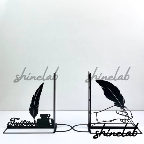 Shinelab Feather Pen Metal Bookends Custom Name Bookend Gift, Office Desk Bookshelf Decor 6773