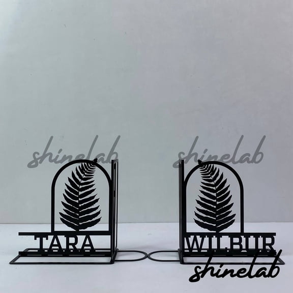 Shinelab Fern Leaf Metal Bookends Custom Name Bookend Gift, Nature Desk Bookshelf Decor 6782