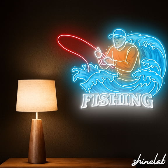 Shinelab Fishing Man on Wave Neon Sign, Lake Cabin Decor, Angler Hobby LED Wall Art 15655