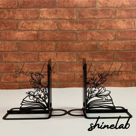 Shinelab Flower Book Metal Bookends Flowers Personalized Name Bookend Gift, Nature Desk Bookshelf Decor 6278