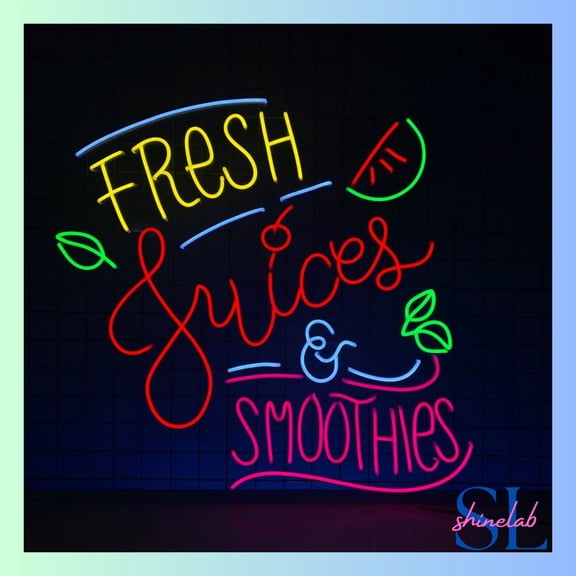 Shinelab Fresh Juices & Smoothies Neon Sign, Juice Fruit Wall Art, Smoothie Store Wall Decor 0627