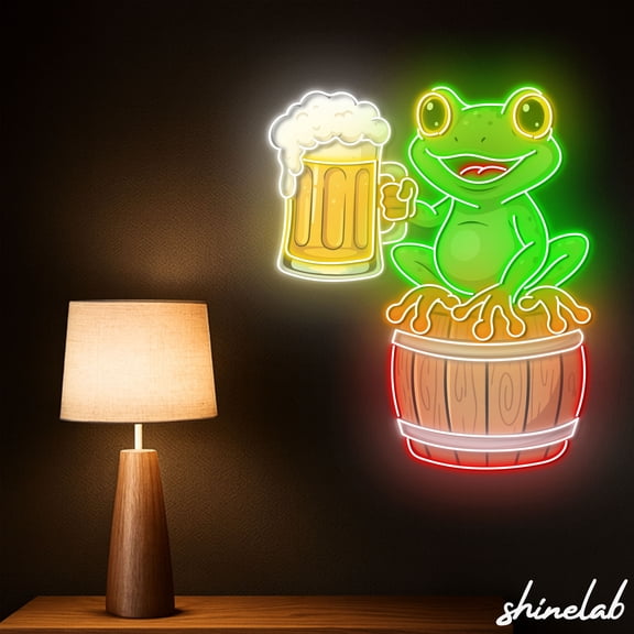 Shinelab Funny Frog with Beer Neon Sign, Pub Bar Decor, Game Room LED Wall Art 15725