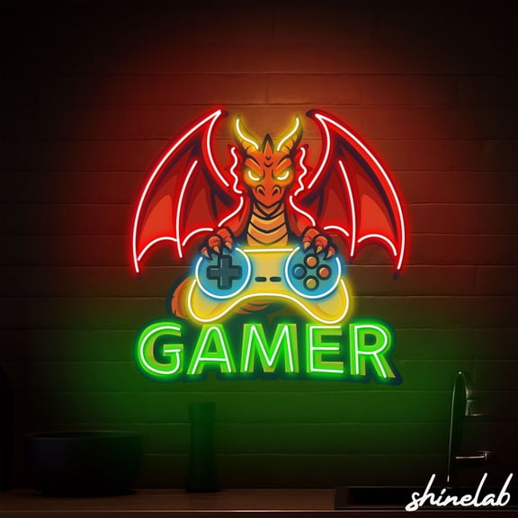 Shinelab Gamer Dragon Neon Sign, Red Dragon LED Light, Gaming Room Wall Decor 15735