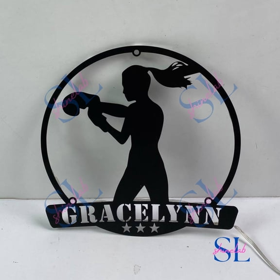 Shinelab Girl Boxing Metal Wall Art with LED Light, Woman Boxer Female Name Sign Home Decor, Boxing Metal Sign, Boxing Club Wall Sign Decorations 4110