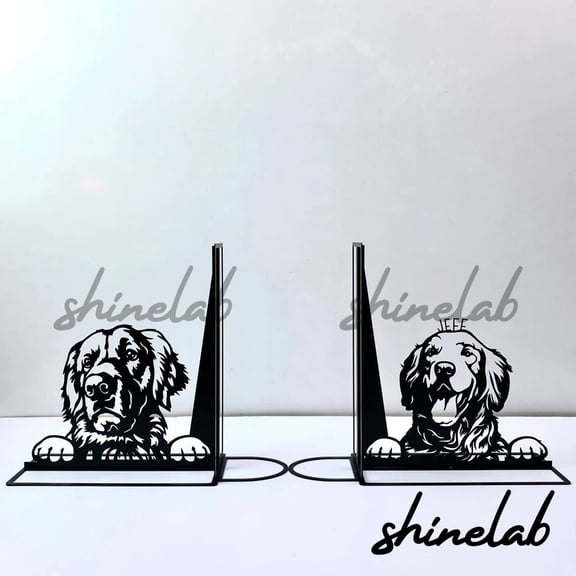 Shinelab Golden Retriever Metal Bookends Custom Dog Pet Name Bookend Gift, Animal Desk Bookshelf Decor 6836
