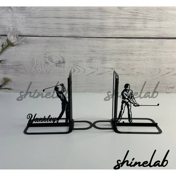 Shinelab Golf Metal Bookends Custom Golfer Name Bookend Gift, Sports Desk Bookshelf Decor 6296