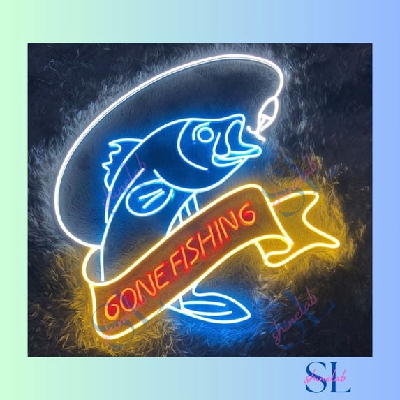 Shinelab Gone Fishing Neon Sign, Fishing Rod Led Light, Fishing Club Room Wall Art Light Decor 2735