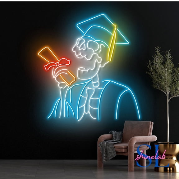 Shinelab Graduation Skeleton Neon Sign, Graduation Senior Led Sign, Graduation Skull Wall Art, Graduate Decor 4830