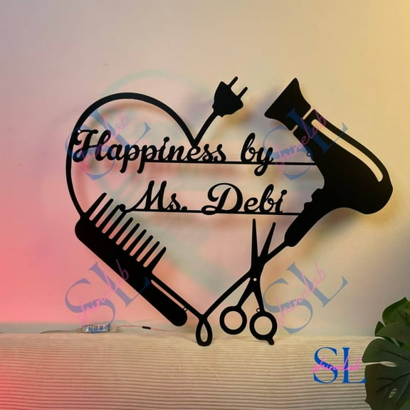 Shinelab Hair Salon Metal Wall Art LED Light, Hairstylist Name Sign Home Decor, Hairsalon Metal Sign, Beauty Salon Decor, Hairdresser Gift 3230