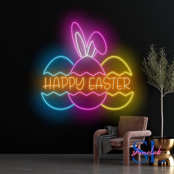Shinelab Happy Easter Neon Sign, Egg Easter Led Sign, Happy Easter Neon Light, Easter Egg Wall Art, Easter Home Wall Decor 4806