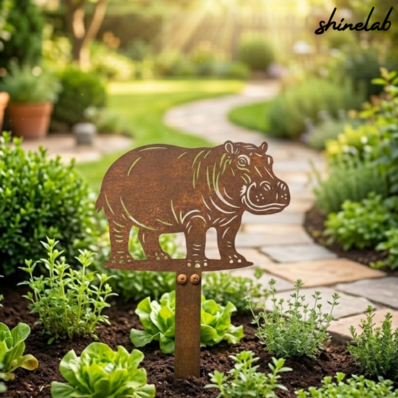 Shinelab Hippo Metal Garden Stake, Animal Yard Decor, Wildlife Garden Art