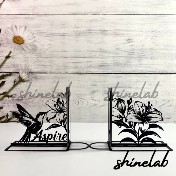 Shinelab Hummingbird Flower Metal Bookend Bird and Flower Name Bookend, Nature Decor for Bookshelf & Home 5369