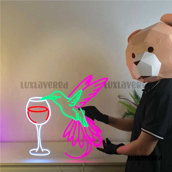 Shinelab Hummingbird Neon Wall Sign with Wine Glass LED Light for Bar Home Decor 15442