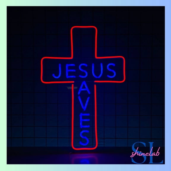 Shinelab Jesus Saves Neon Sign, Cross Christian Wall Art Light, Christmas Home Wall Decor 01172