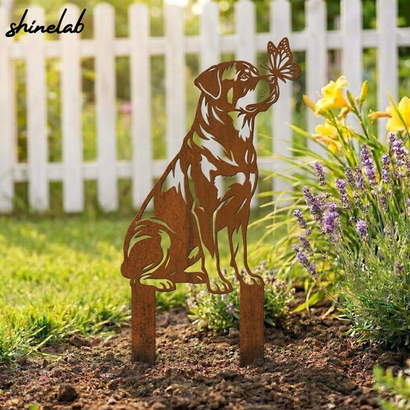Shinelab Labrador Dog Metal Garden Stake, Butterfly Yard Decor, Pet Memorial Garden Art