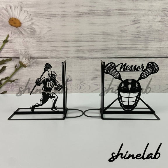 Shinelab Lacrosse Metal Bookends Lacrosse Player Name Bookend Gift, Sports Offices Table Bookshelf Decor 5171