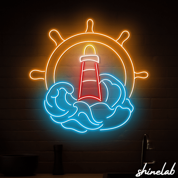 Shinelab Lighthouse Neon Sign, Ocean Waves Led Light, Home Wall Decor