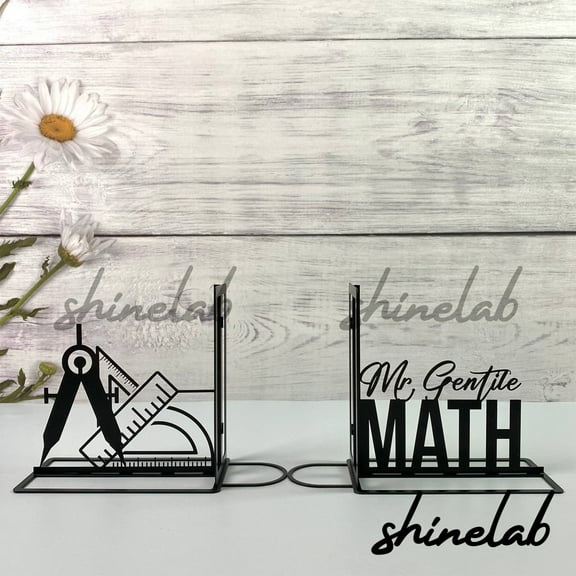 Shinelab Math Metal Bookends Teacher & Student Name Bookend Gift, Geometry Table Bookshelf Decor 5873