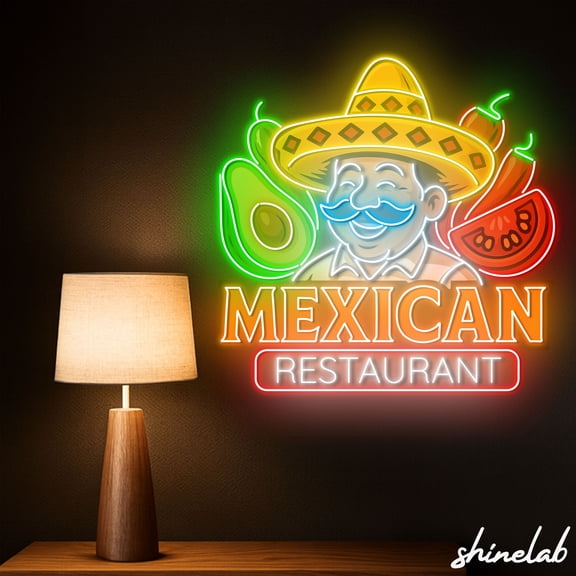 Shinelab Mexican Restaurant Neon Sign, Sombrero and Avocado Decor, Taco Shop LED Wall Art 15835