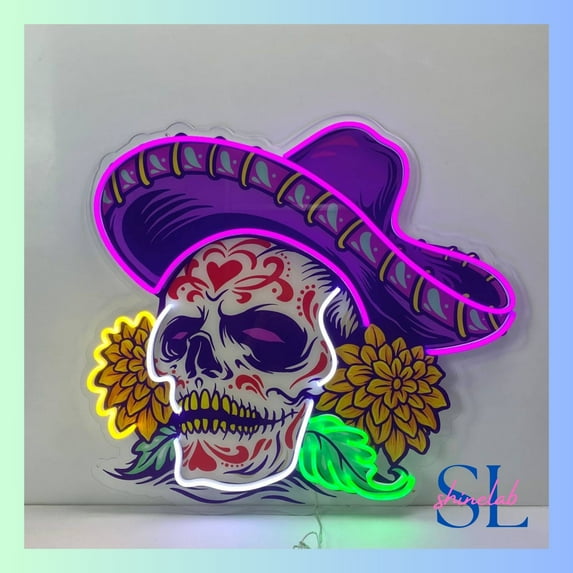 Shinelab Mexican Skull Acrylic Neon Sign, Sugar Skull Wall Art, Skeleton Home Wall Decor 0245