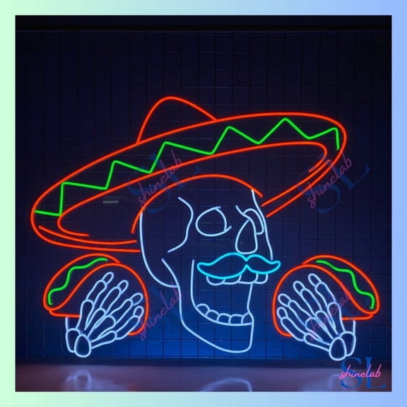 Shinelab Mexican Skull Tacos Neon Light, Sugar Skull Taco Neon Sign, Skull Taco Neon Light Wall Art 2370