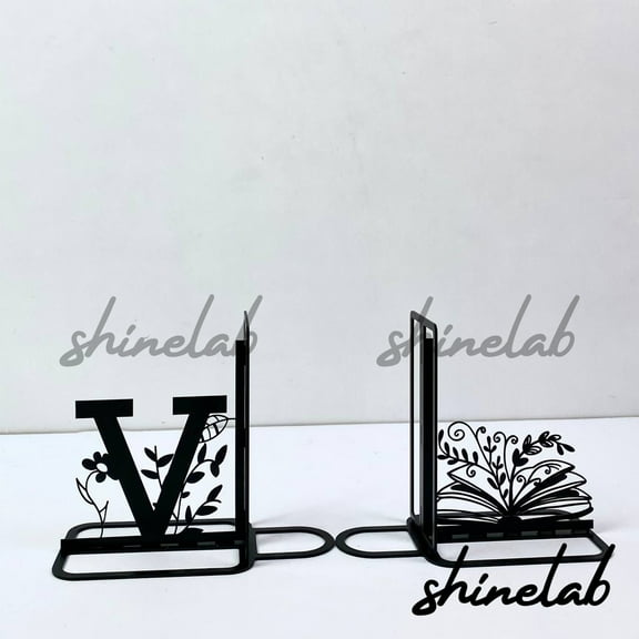 Shinelab Monogram Book Flower Metal Bookends Custom Name Bookend Gift, Desk Bookshelf Nature Decor 6989