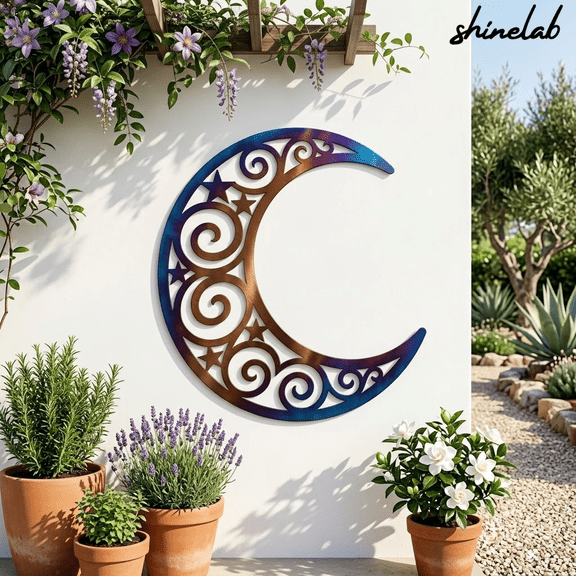Shinelab Moon Metal Wall Art, Fire Roasted Celestial Decor, Wiccan Garden Art