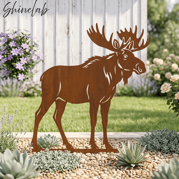 Shinelab Moose Metal Garden Stake, Forest Outdoor Yard Decor, Rustic Cabin Art Sign