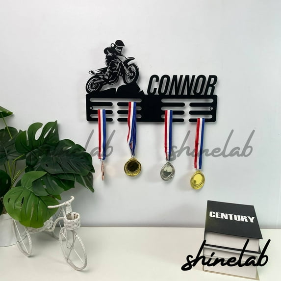 Shinelab Motocross Biker Custom Medal Hanger, Motobike LED Light Wall Art Decor Metal Sign, Award Display 7733