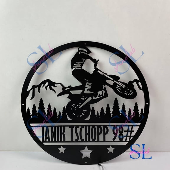 Shinelab Motocross Biker Metal Wall Art LED Lights, Dirt Bike Name Sign, Motorcycle Home Decor, Man Cave Decoration Gifts 4250